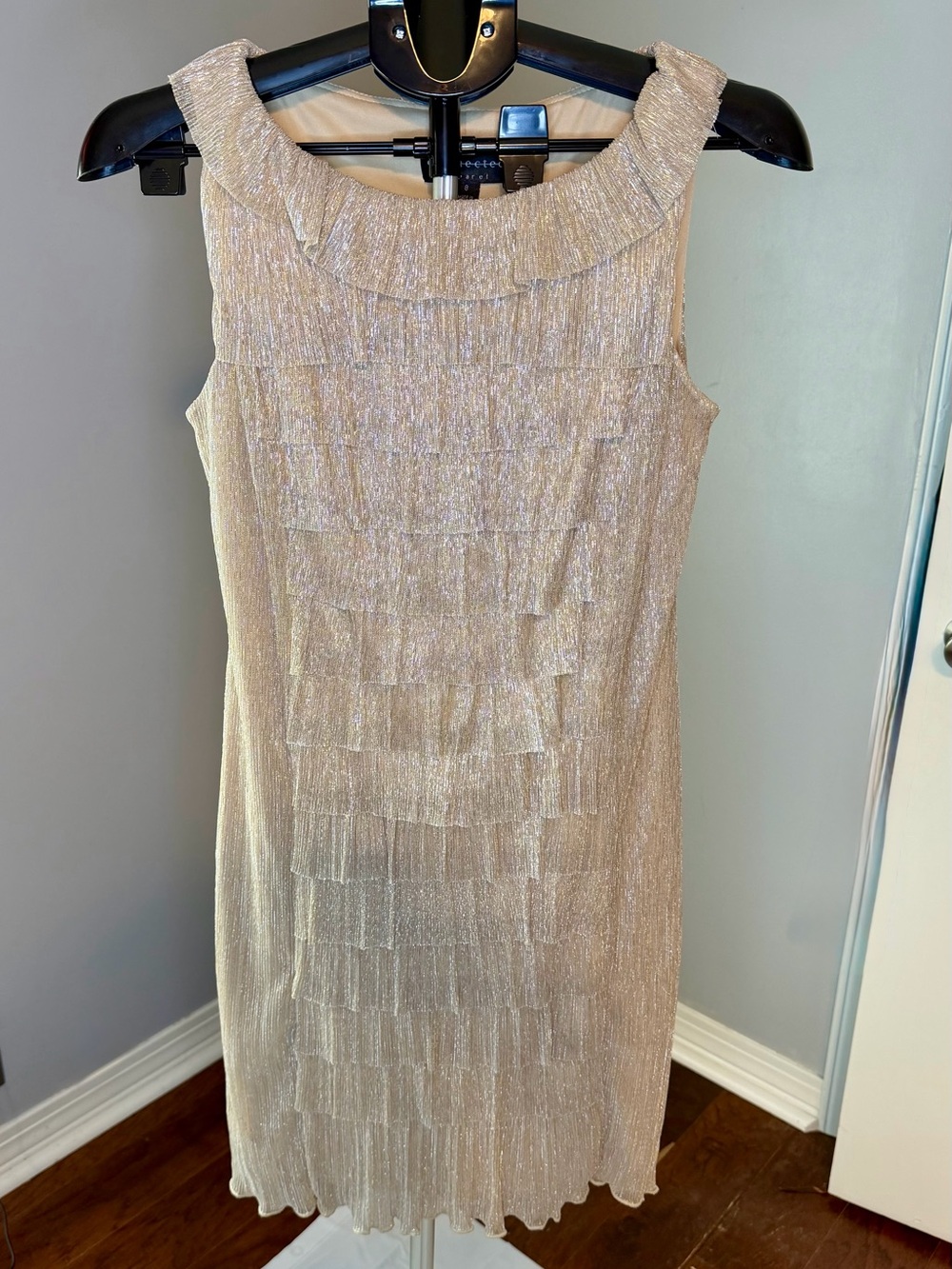 connected apparel Shimmery Champagne Tiered Ruffle Midi Dress